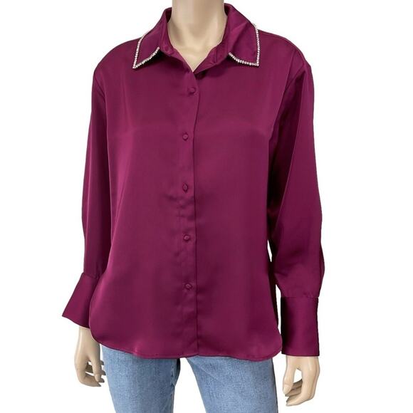 NWT Jason Wu Satin Button Down Shirt - Deep Burgundy sz M - Picture 1 of 6